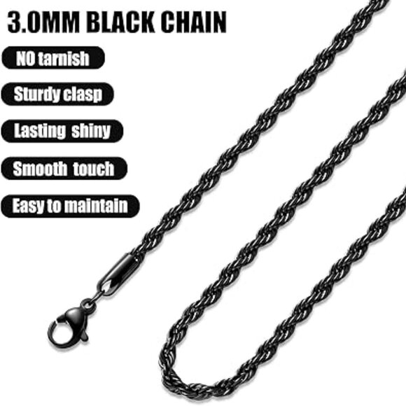 Black Stainless Steel 3mm Rope Chain Necklace Unisex - Picture 3 of 3